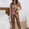 Pijamas sexy femininos 2 peças pijamas novos pijamas de cetim pijamas de manga curta sexy bordado amor casa roupas camisa calças loungewear 24318