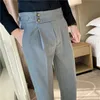 Mens dress set pants striped plain British high waisted casual belt design ultra-thin Trousers formal office social wedding party 240318