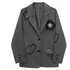 Stilvolle Blumen-Herz-Stickerei-Blazer-Jacken-Frauen-Kleidung-beiläufige lose Blazer-adrette weibliche graue Anzug-Mäntel BC410 240306