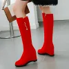 Сапоги 2022 Женские клинья колена высокие ботинки с высоким каблуком с длинными сапогами на молнии Осенняя зимняя женщина туфли черный красный размер 41 42 43