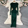 Casual Kleider Gestrickte Feste Elastische Dünne Kleid Rundhals Langarm Frauen Koreanische Mode Pullover Maxi Für Frauen 2024