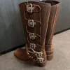 Buty 2024 Woman Boots Vintage Brown Round Stopa Midcalf But Autumn/Winter Knight Walka Gothic Medium Motorcycle Motorcycle Motorcycle