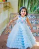 Girl Dresses Light Sky Blue Flower FLoral Sequined Tulle Ruffles Prom Birthday For Little Kids