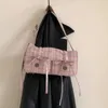 Drawstring mbti ekose pembe kadın omuz çantası pileli rahat tatlı moda el çantası edebi zarif tasarımcı koltuk altı