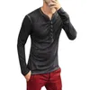 Hommes t-shirt col en v à manches longues hauts élégant mince boutons t-shirt automne décontracté solide mâle vêtements grande taille 3XL 240308