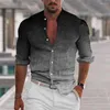 Camisas casuales para hombres Camisa de manga larga para hombres Color degradado Cuello de soporte Primavera con estampado 3D Slim Fit para