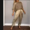 Casual Dresses Spring Summer Fashion Solid Color Satin Tvåbit Set Women Round Neck Långärmad Top Pants Loose