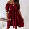 Casual Dresses Solid Loose Fit Short Women Flowy Pleated Stretch Dress Off Shoulder Summer Swing Beach Sundress Vestidos