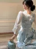 Robes décontractées Automne 2024 Imprimer Floral Français Vintage Robe Femmes Coréennes Élégantes Soirée Midi Dames À Manches Longues Rétro