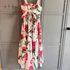 Casual Dresses Women Summer High Quality Bow Ruched Bodice Flounce Hem Back Cut-out Carnation Print Sweetheart Neck Midi Dress