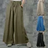 Women's Pants Palazzo Wide Leg For Women Coton Linen Solid Color Floor Length Pleated Trousers Casual Summer Drawstring High Waist