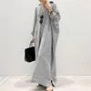 Vestidos casuais lapela botão vestido listrado impressão maxi para mulheres plus size manga longa camisa estilo com bainha dividida macia respirável