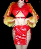 Scene Wear Bar Party Show Gogo Dance Costume DJ Singer Dancer Sexig Red Pu Leather Gold Tassel Rave Outfits Performance Clothes