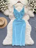 Robes décontractées Vintage Blue Velvet Spaghetti Strap Robe pour femmes élégantes dos nu fente mince mi-longue robe de soirée sexy femme