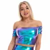 Tops Summer Sexy Slash Neck Off Shoulder Metallic Crop Top Glitter Holographic Tank Top Short Vest Women Rave Festival Clubwear