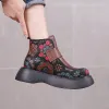 Sandals Johnature Print Shoes Women Boots Genuine Leather 2022 New Hook Loop Round Toe Retro Wedges Sewing Handmade Platform Boots