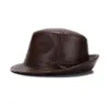 Autumn Men Real äkta Cowhide Leather Top Hats Fashion Caps Winter Warm Cowboy 100% 240311