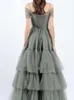 Grey Evening Dresses Long Prom Dresses Off the Shoulder Lace up Back Layers Tulle Summer Style