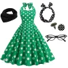 Kvinnors rockabilly klänning polka prickar svängande flare klänning med tillbehör set örhängen huvudband glasögon klänning