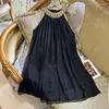 Casual Jurken Vintage Zwart Halter Jurk Handgemaakt Diamanten Bezaaid Kralen Mouwloos A-lijn Chiffon Mini 2024 Lente Zomer Vakantie