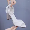 Sandalet 7cm Balık Gaga Yüksek Topuk Sığ Ağız Tokalı Boncuklu Şeridi Büyük Boy Topuklular Gelin Saten Kalın