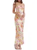 Robes décontractées Femmes Spaghetti Strap Maxi Robe Sexy Low Cut Dos Nu Floral Imprimer Élégant Y2K Bodycon Culb Party