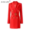 Haziran dudakları bahar yüksek kaliteli kadınlar kırmızı blazer elbise kemer çift göğüslü düğmeler parti elbisesi için şık toptan 240304