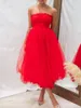 Casual Dresses Prom för kvinnors stropplösa Tube Top Tulle Dress Flounce Cocktail Party Wedding Ruffle Mesh Midi Vestidos