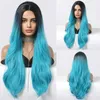 Perruques synthétiques Longues Ondulées Ombre Bleu Cosplay Party Perruques Synthétiques pour Femmes Partie Moyenne Coloré Halloween Perruque De Cheveux Fibre Naturelle Résistante À La Chaleur 240328 240327