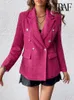 TRAF femmes mode Double boutonnage Tweed Blazer manteau Vintage à manches longues rabat poches vêtements de dessus pour femmes Chic hauts 240301