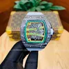 Orologio meccanico automatico da uomo Richa Milles verde in fibra di carbonio, personalità leggera, alla moda, con nastro luminoso scavato