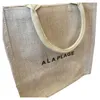 Linen woven shopping open tote bag Black lettering printed beach bag