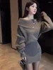 カジュアルドレススプリングフレンチエレガントなニットドレス女性オフショルダーセクシービンテージイブニングパーティー女性韓国のセーター2024