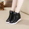 Women Casual Sneakers Leather Platform Wedge Boots Hidden Heel Increase Woman Chunky Side Zipper Vulcanized Hip Top Shoes 240228