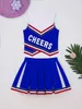 Costume da ballo uniforme da cheerleader per bambina con scollo a V, gilet stampato con gonna a pieghe e set di 1 paio di palline di fiori con nappe 240305