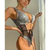 Suits Womens Rave Wear OnePiece Bodysuit Snakeskin Print Sexy Leg Rings Swimsuit for Festival Dance Rave Clothing