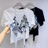 Camisetas femininas KUSAHIKI primavera verão moda em torno do pescoço coreano versátil manga curta t-shirt oco lantejoulas suspender colete conjunto de duas peças