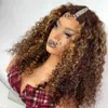 Synthetic Wigs Highlights Honey Blonde V Part 100% Human Hair Wigs Deep Kinky Curly Ombre Golden Brown Middle /Side Jerry Curl Full U Shape Wig 240329