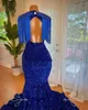 Fantastiska blå balklänningar för svarta flickor 2024 Sheer Neck Crystal Sequin Mermaid Birthday Party Gowns Robe de Bal 0431