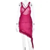 Casual Jurken ANJAMANOR Ruche Korte Rose Rood Zwart See Through Mesh Feest Verjaardag Jurk Voor Vrouwen Sexy Nachtclub outfits D92-DD22