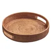 Dinnerware Sets Round Rattan Woven Serving Tray With Handles Wicker Coffee Trays Platter Basket For Breakfast Bread