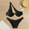 Maillots de bain pour femmes Femmes Maillot de bain Élégant Deux pièces Bikini Ensembles pour couleur unie Soutien-gorge à une épaule avec taille haute à armatures Push Up Beach