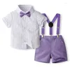 Clothing Sets Baby Boys Gentleman Outfit Vertical Stripe Print Short Sleeves Shirt With Bowtie Suspender Shorts