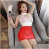 Pigiama sexy trasparente a rete in pelle PU patchwork Y mini abito aperto sul petto scava fuori matita carino shapewear abbigliamento da discoteca erotico X062 Dhscm