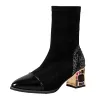 Boots Comemore New Women's Rubber Boots Booties Ladies Socks Boot Women Ankle Shoes 2022 Strumpor Autumn Winter Rhinestone Heel Black