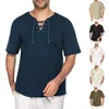 Men's T Shirts Linen For Men Cotton Solid Loose Short Sleeve Shirt Lace Up Tees V Neck Medieval Tunic Camisa De Hombre