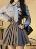 Work Dresses 2024 Elegant 2 Piece Set Skirt Woman Casual Stripe Shirt High Waist Y2k Mini Slim Fashion Suit Preppy Style Autumn