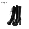 Buty BYQDY WOMEK LACing Knee High Boots Fur Wewnątrz ciepłe buty zimowe moda czarna pięta gęsta buty na wysokim obcasie buty platformowe