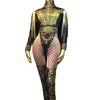 Scenkläder gnistrande guldfransar Epaulet Rhinestones Jumpsuit Women Jazz Dance Stretch Bodysuit outfit Evening Show One-Piece Costume