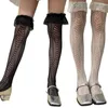 Chaussettes japonaises en résille pour femmes, bas hauts avec garniture en dentelle à volants, maille géométrique ajourée au dessus du genou, chaussettes longues